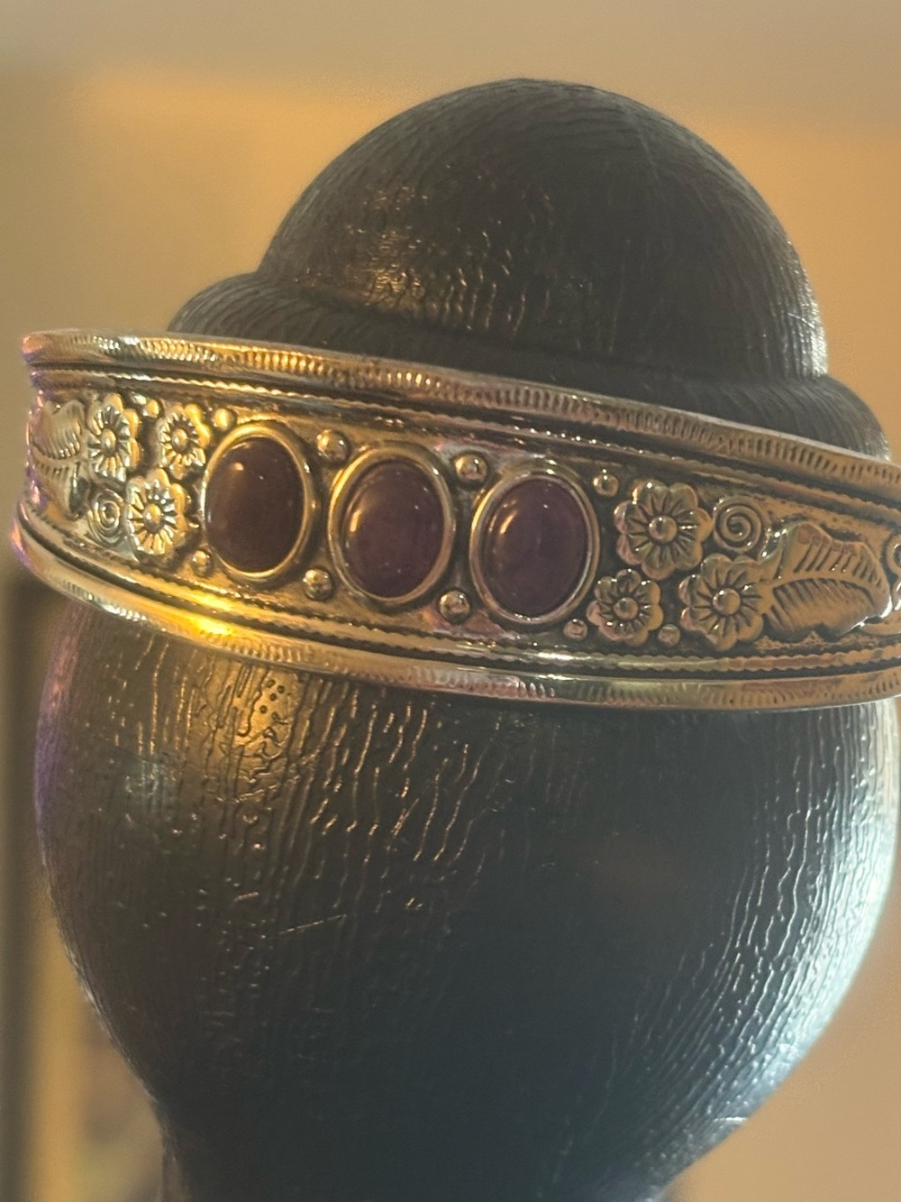 Sterling-Style Floral Stone Cuff Bracelet - Purple